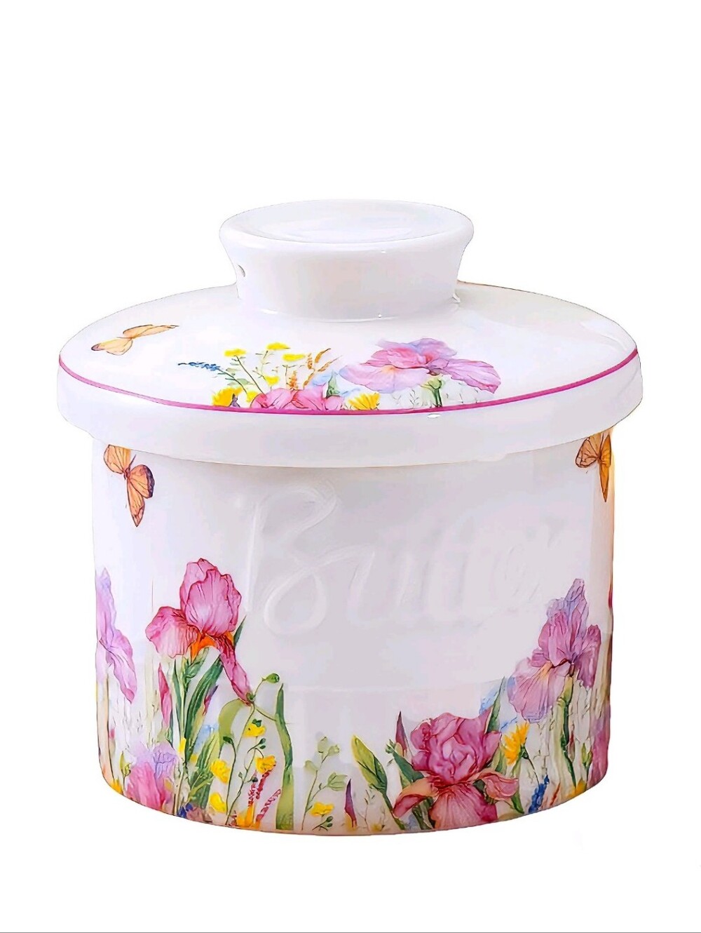 Teatalk French ceramic butter Crock - features a floral and butterfly design